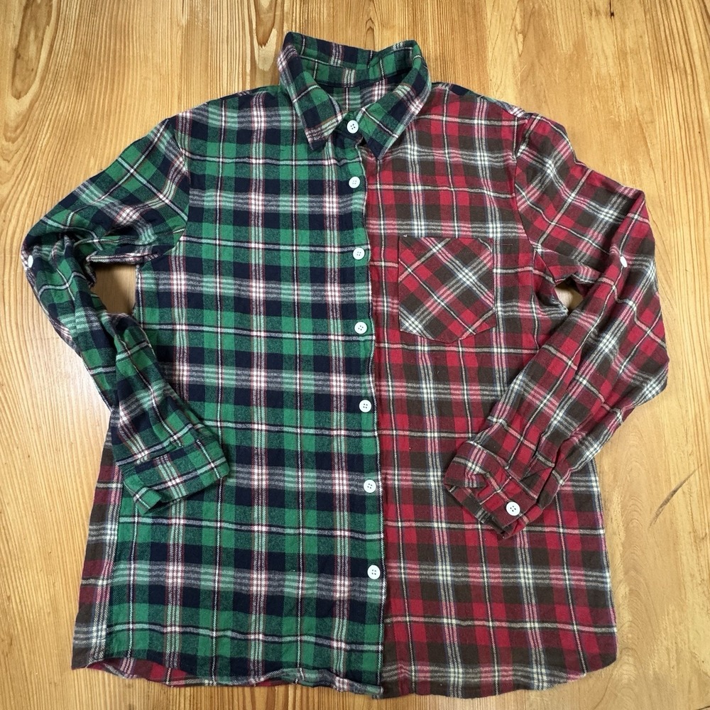 Mixed Plaid Flannel Shirt Medium Patchwork Vintage Button Up Multicolor Cotton